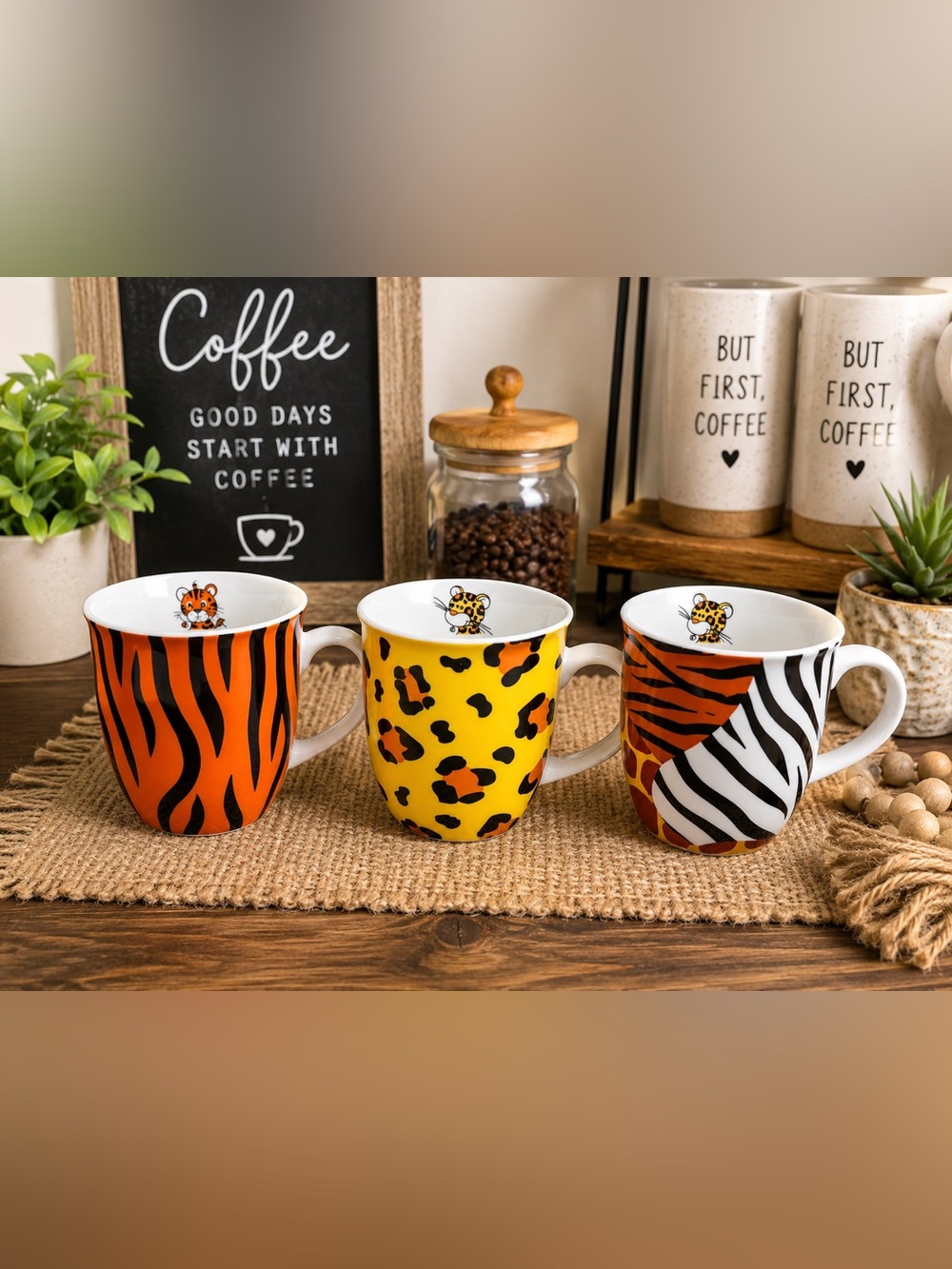 Enesco NICI Safari Animal Print Coffee Mug Set of 3 Large Mugs NEW